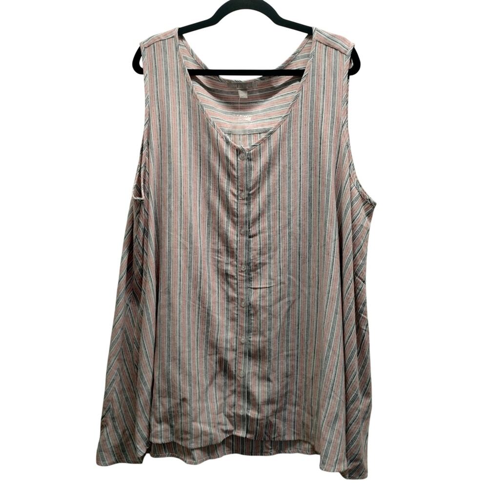 Woman Within Size 1X Top 22/24 Pink Blue Striped Linen Blend Button Up Tank NWOT